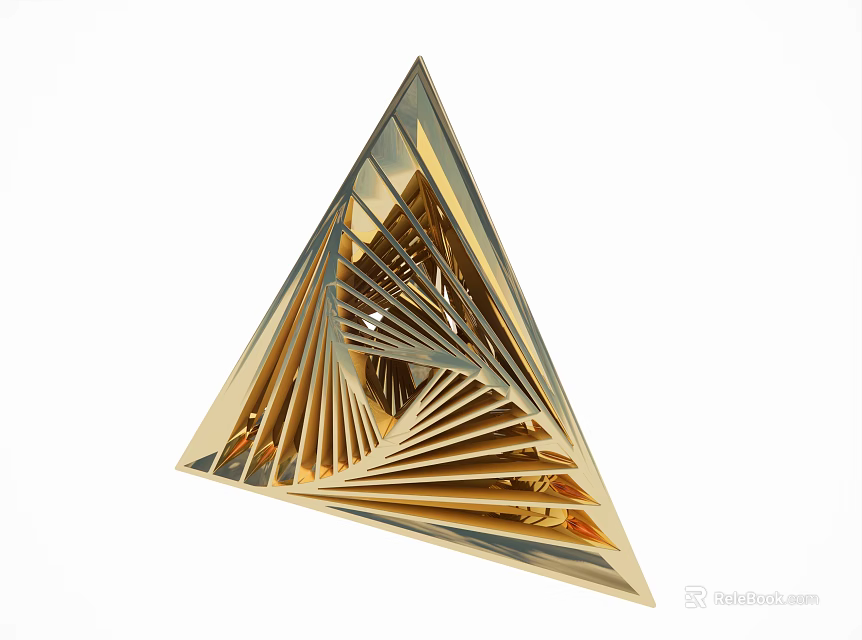 Golden Triangular Sculpture With Spiral Interior And Metallic Shiny Surface 3d model