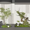 Modern Indoor Landscape With Mushroom Floor Lamp Green Plants Rocks Moss And Glass Partition