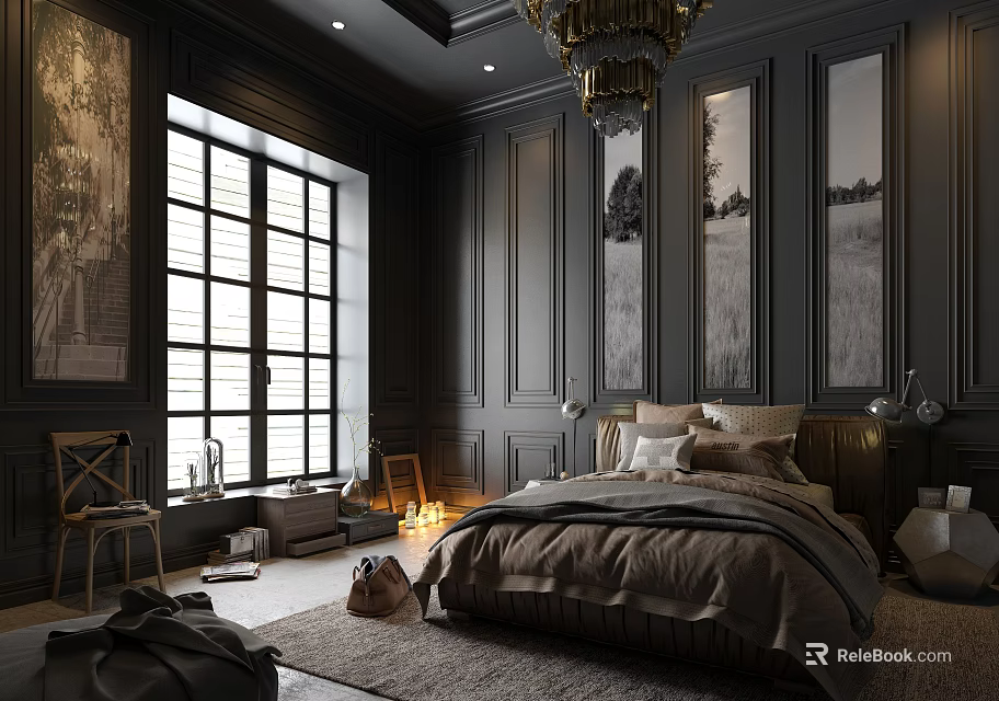 Dark Bedroom Interior Design with Large Windows Framed Artwork Chandelier Cozy Bed and Area Rug 3d model 