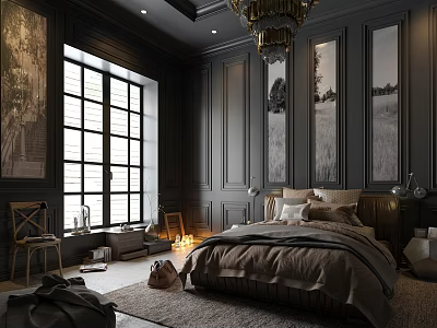 Dark Bedroom Interior Design with Large Windows Framed Artwork Chandelier Cozy Bed and Area Rug 3d model