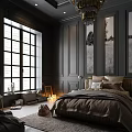 Dark Bedroom Interior Design with Large Windows Framed Artwork Chandelier Cozy Bed and Area Rug