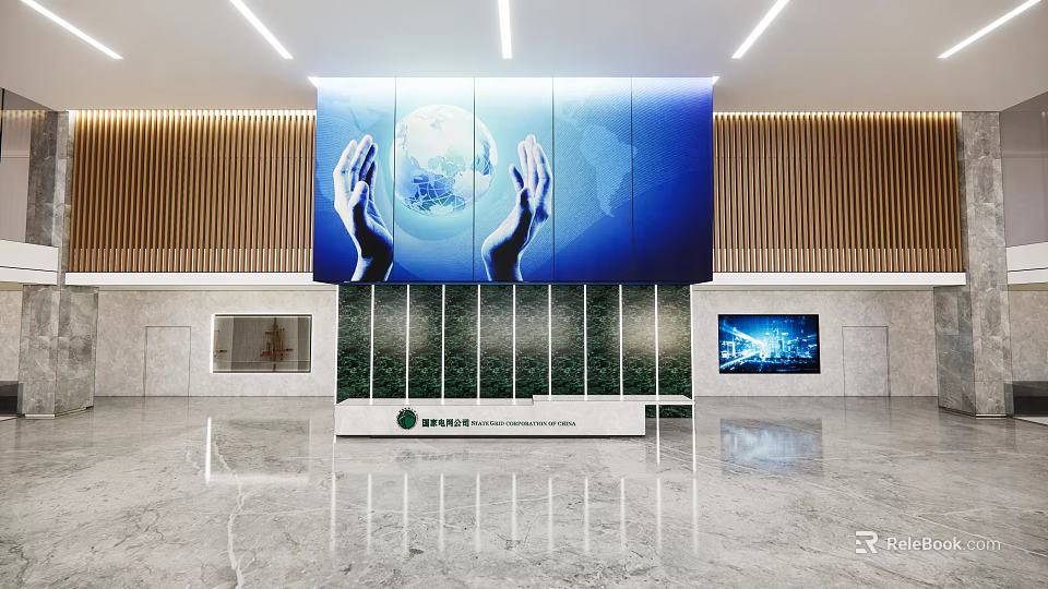 Modern Front Desk Reception Area With Earth Graphic Hands Large Screen And Green Plant Wall 3d model 