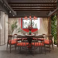 Private Dining Room With Round Table Red Chairs And Chinese Decor 3d model
