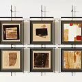 Six Abstract Framed Paintings With Geometric Shapes Neutral Tones And Red Accent