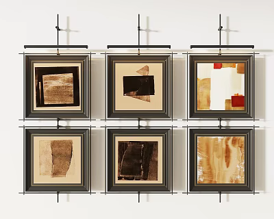 Six Abstract Framed Paintings With Geometric Shapes Neutral Tones And Red Accent 3d model