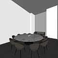 Modern Display Space With Circular Stand Laptop Curved White Shelves Gray Walls And Black Floor