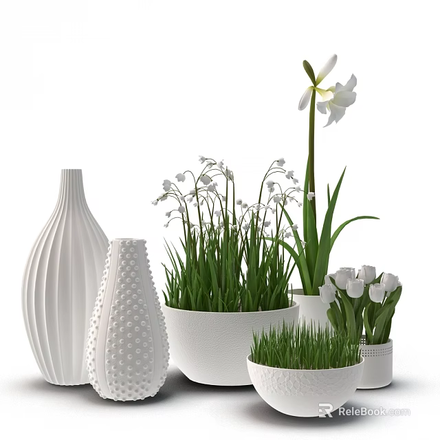 Decorative Bonsai Potted Plants With White Flowers Green Grass And Ceramic Pots 3d model 