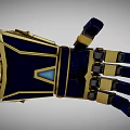 Blue And Gold Mechanical Glove With Intricate Geometric Patterns And Metallic Components