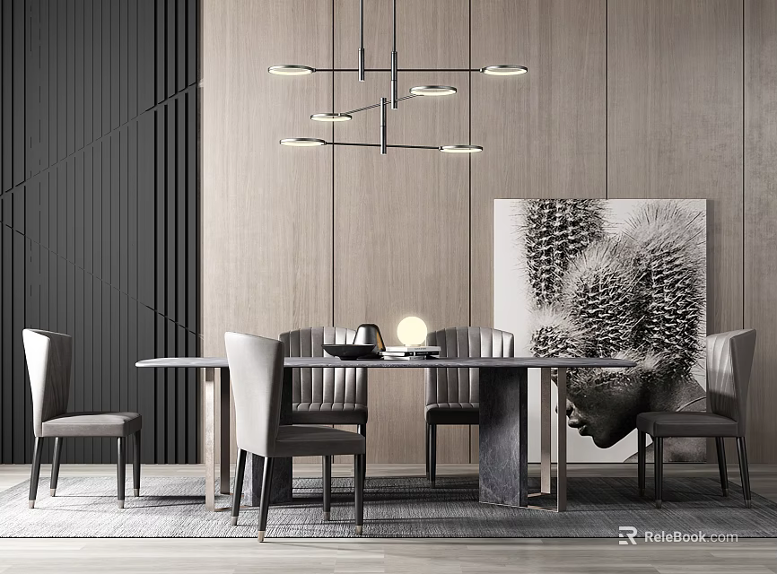 Modern Dining Table Set with Matching Chairs Marble Top and Contemporary Chandelier with Decorative Artwork 3d model 