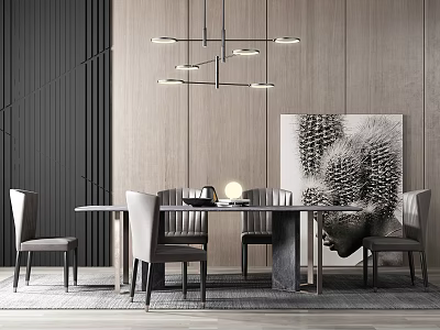 Modern Dining Table Set with Matching Chairs Marble Top and Contemporary Chandelier with Decorative Artwork 3d model