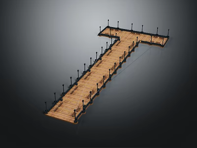 T Shaped Wooden Dock Structure With Black Support Posts On Water Surface 3d model