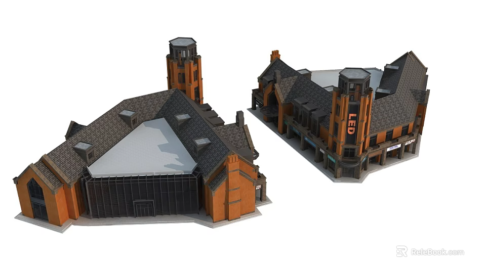 Traditional Commercial Complex Architectural Design With Red Brick Exterior Sloped Roofs And Towers 3d model 