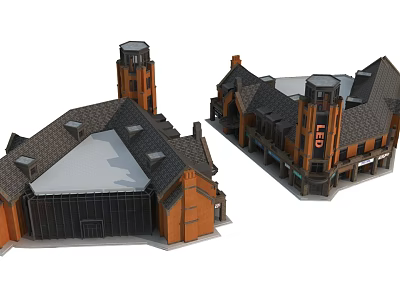 Traditional Commercial Complex Architectural Design With Red Brick Exterior Sloped Roofs And Towers 3d model