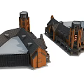 Traditional Commercial Complex Architectural Design With Red Brick Exterior Sloped Roofs And Towers