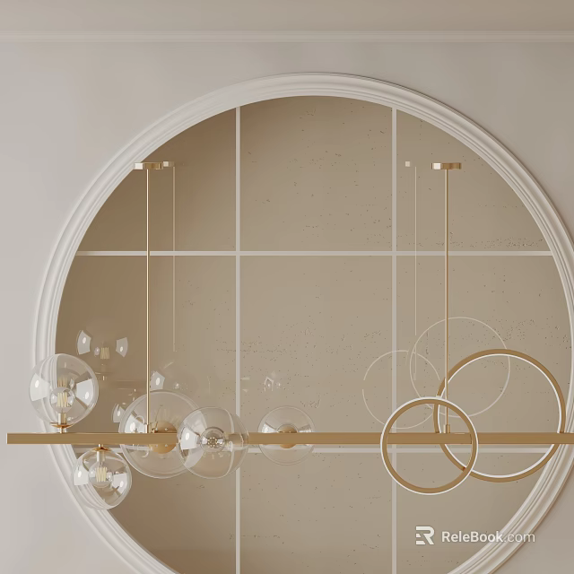 Elegant Chandelier With Golden Rod Transparent Glass Balls Golden Rings And Circular Frame Design 3d model 