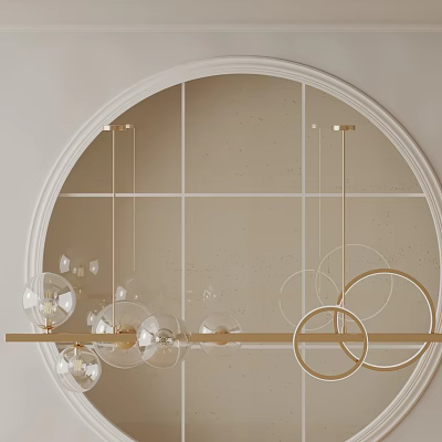 Elegant Chandelier With Golden Rod Transparent Glass Balls Golden Rings And Circular Frame Design 3d model