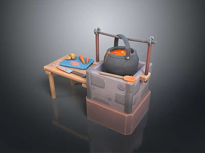 Cast Iron Pot on Traditional Stove with Wooden Table Carrots Cutting Board and Knife 3d model