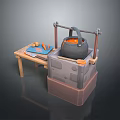 Cast Iron Pot on Traditional Stove with Wooden Table Carrots Cutting Board and Knife