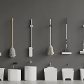 Cleaning Tools Hung on Gray Wall with Mops Brooms and White Buckets