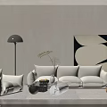 Modern Minimalist White Sofa and Coffee Table Set with Marble Top Decorative Items Abstract Painting and Floor Lamp