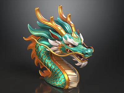 Exquisite Turquoise And Gold Chinese Dragon Head Art Sculpture Decor For Luxury Home 3d model