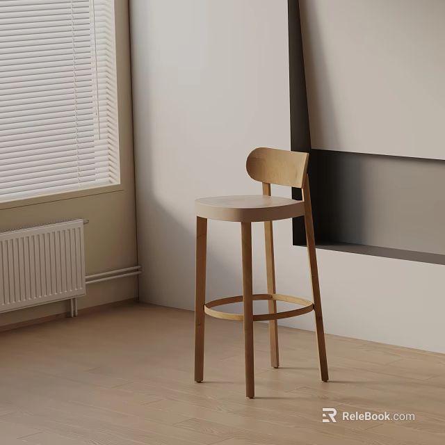 Minimalist Wooden Bar Stool In Modern Interior With Window And Radiator 3d model 
