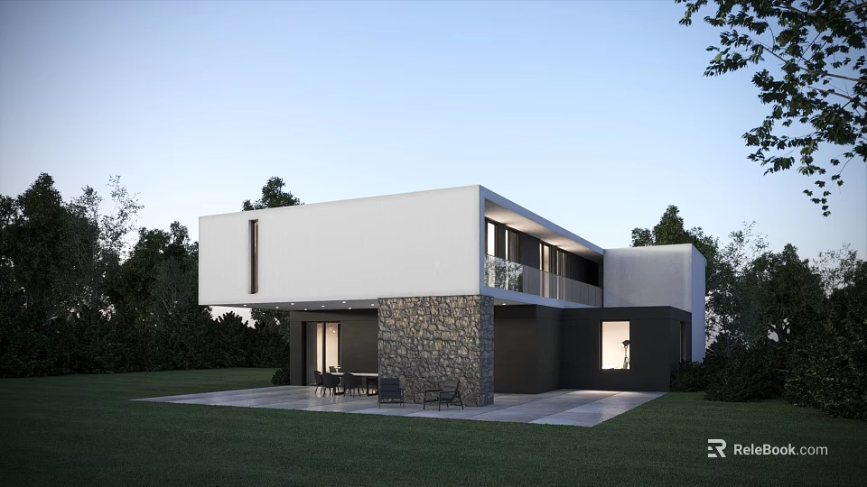 Modern Detached Villa Featuring White Exterior Stone Wall Floor to Ceiling Windows and Lush Lawn 3d model 