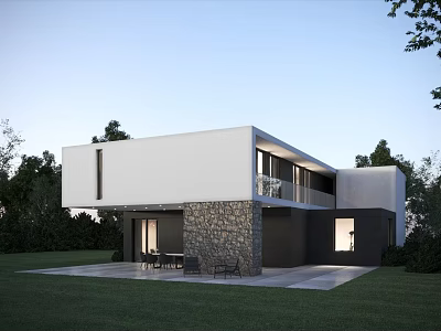 Modern Detached Villa Featuring White Exterior Stone Wall Floor to Ceiling Windows and Lush Lawn 3d model