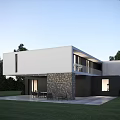 Modern Detached Villa Featuring White Exterior Stone Wall Floor to Ceiling Windows and Lush Lawn