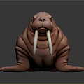 Pink Walrus 3D Model With Long White Tusks On Dark Background
