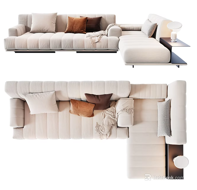 Modern Beige Sectional Sofa With Decorative Pillows Throw Blanket And Side Table Lamp 3d model