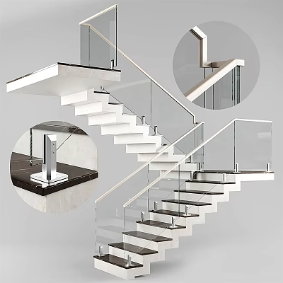 Modern Floating Staircase With Glass Railing White Steps And Black Treads 3d model