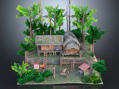 Cartoon Forest Scenery With Thatched Huts Trees Wooden Ladder And Green Vegetation 3d model