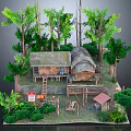 Cartoon Forest Scenery With Thatched Huts Trees Wooden Ladder And Green Vegetation