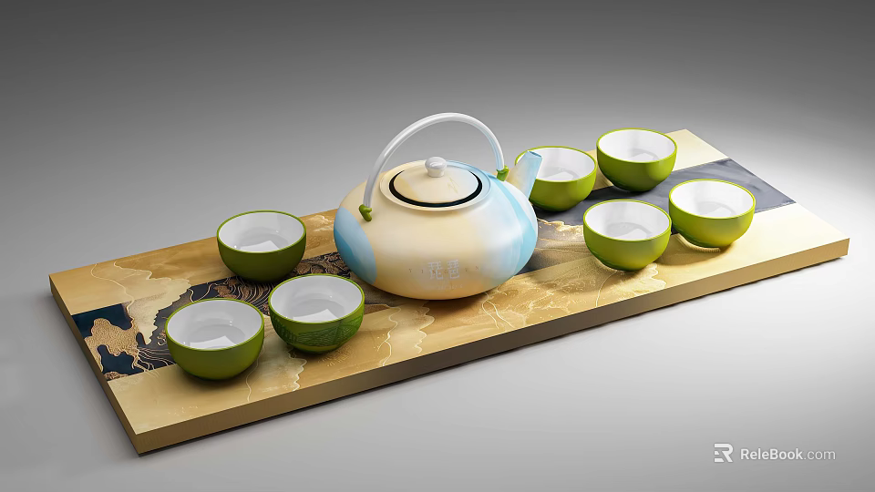Blue And White Gradient Teapot With Six Green Cups Tableware Set On Wooden Patterned Tray 3d model 