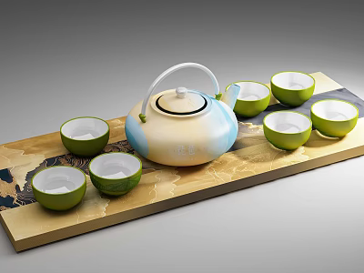 Blue And White Gradient Teapot With Six Green Cups Tableware Set On Wooden Patterned Tray 3d model