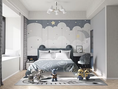 Gray And White Kids Room Featuring Cloud Patterned Wallpaper Stars Bed And Stuffed Toys 3d model