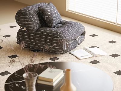 Striped Bean Bag Chair With Pillow On Geometric Pattern Carpet Near Window In Natural Light 3d model