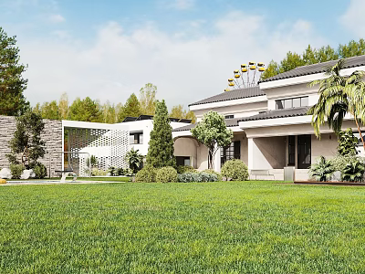 Modern Luxury Villa Exterior With Spacious Green Lawn And Lush Greenery Under Clear Blue Sky 3d model
