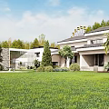 Modern Luxury Villa Exterior With Spacious Green Lawn And Lush Greenery Under Clear Blue Sky