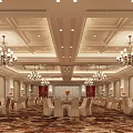 Elegant Banquet Hall Interior With Crystal Chandeliers Dining Tables And Patterned Carpet 3d model