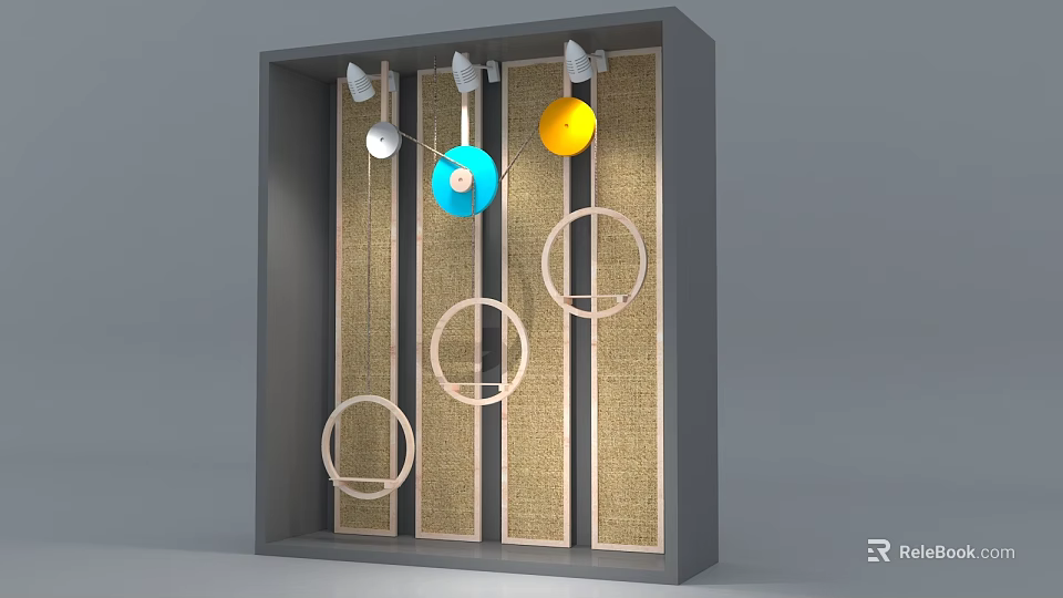 Creative Store Window Display with Circular Decorations Colorful Hanging Spheres and Woven Background 3d model 