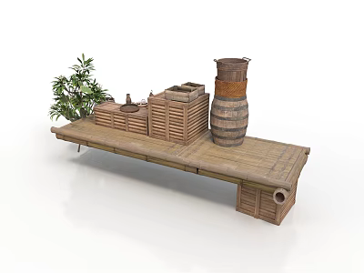 Rustic Wooden Table Display With Barrel Crates And Green Plant Decoration 3d model