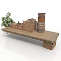 Rustic Wooden Table Display With Barrel Crates And Green Plant Decoration