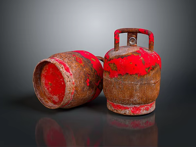 Rusty Red Gas Cylinders With Peeling Paint Rusted Surfaces Standing Lying On Dark Background 3d model