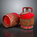 Rusty Red Gas Cylinders With Peeling Paint Rusted Surfaces Standing Lying On Dark Background