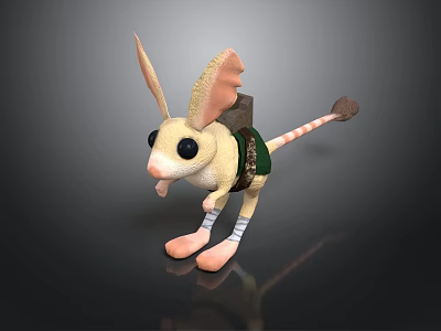 Cute long-eared animal with big eyes wearing green overalls striped socks and brown tail tip 3d model