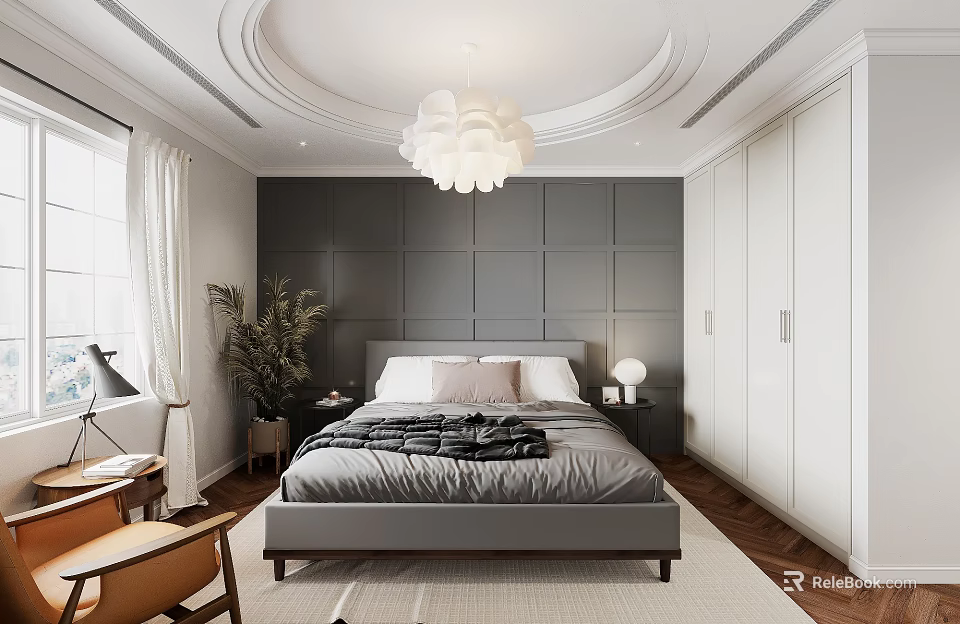 Modern Bedroom Interior With Gray Paneled Walls White Wardrobes Large Bed And White Chandelier 3d model 