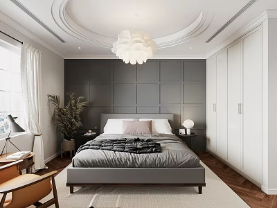 Modern Bedroom Interior With Gray Paneled Walls White Wardrobes Large Bed And White Chandelier 3d model