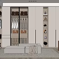 Modern Walk in Closet Interior With Glass Door Cabinets Shelves Ottoman And Gray Rug